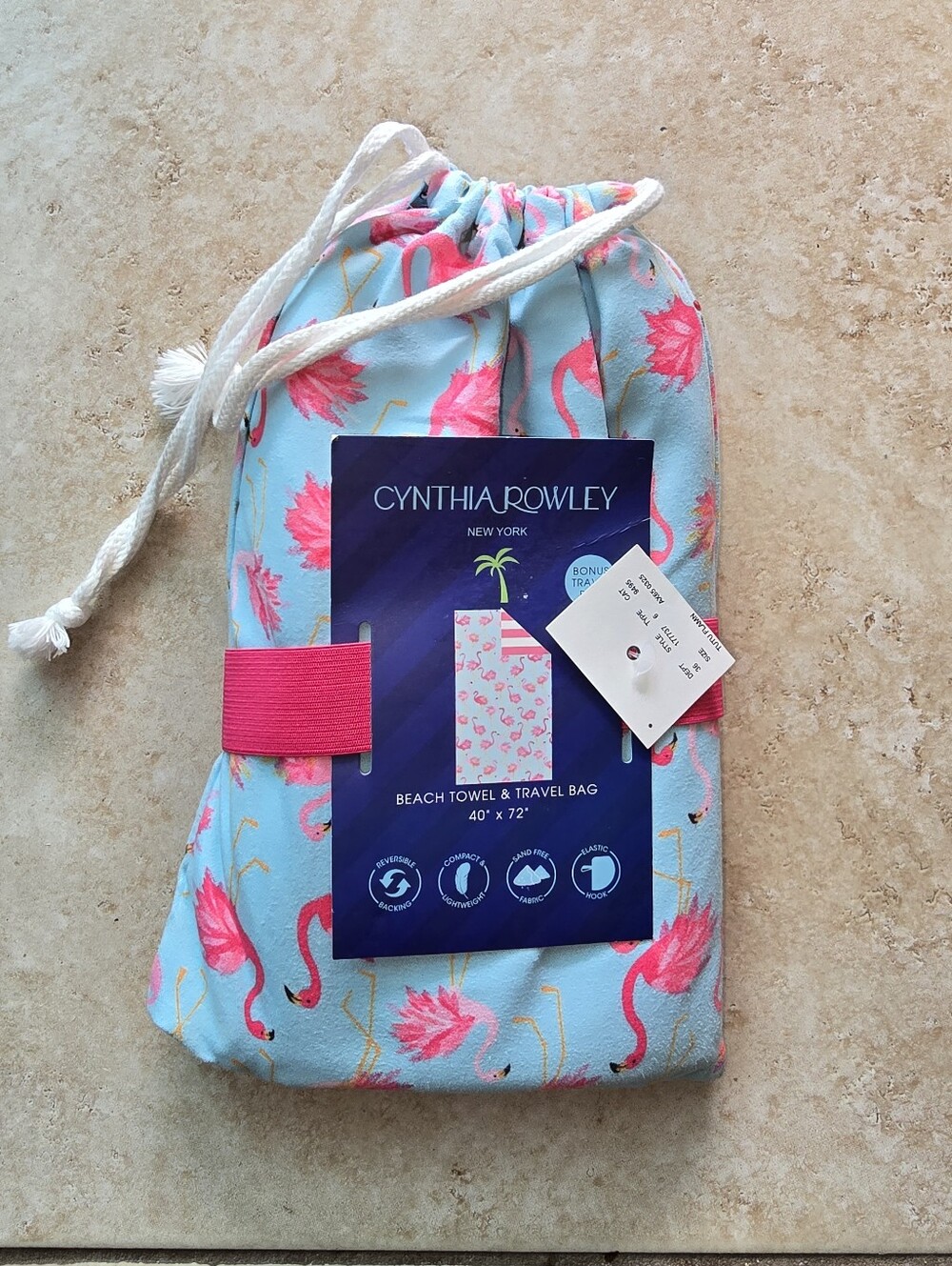 Cynthia Rowley Pink Flamingo Drawstring Beach Towel & Travel Bag - Pink on Mint